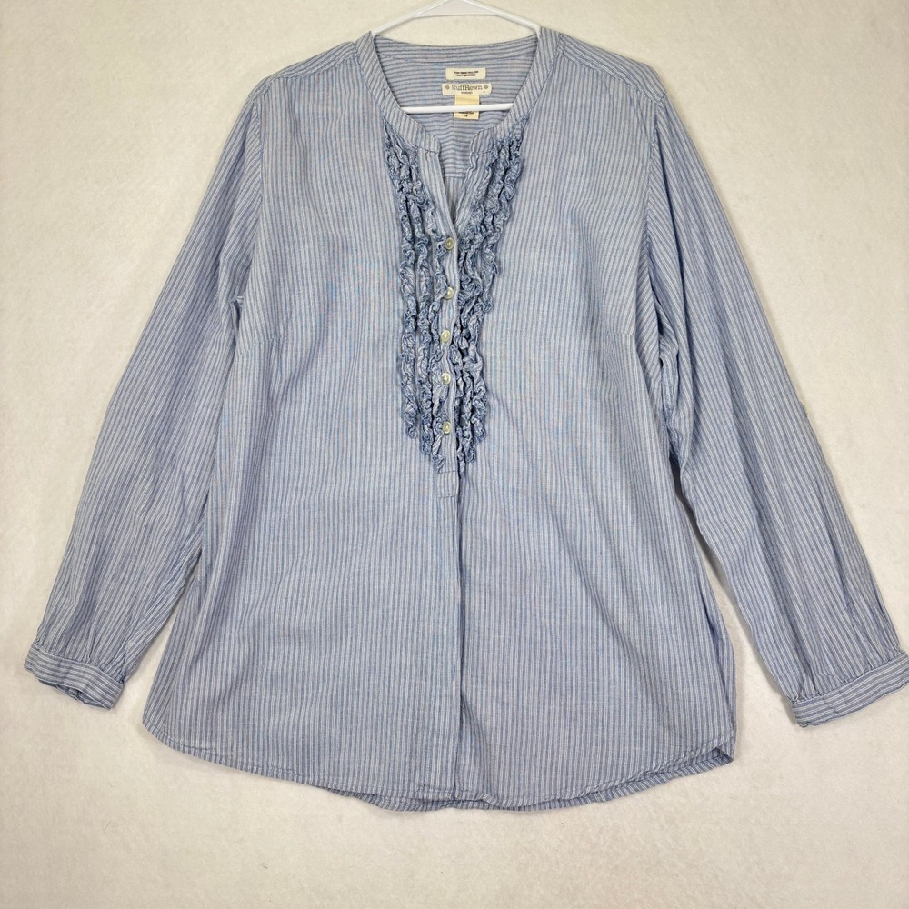 Ruff Hewn Woman Henley Blouse 1X Striped Ruffle Front Coastal Casual - Picture 1 of 9